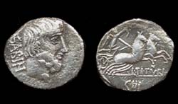C. Tituria, Denarius, King Tatius with Fast Biga reverse